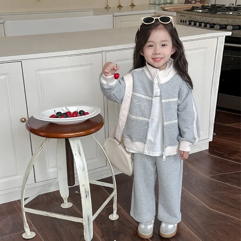 Childrens Sets Autumn 2024 Clothing Girl Long Sleeves Sweater Children Long Sleeves Cardigan Loose Coat Trousers Two Pieces