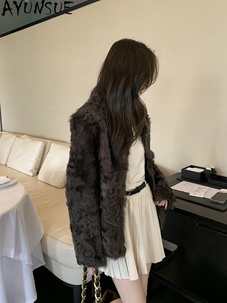 AYUNSUE 2025 신상 양면 시어링 재킷 여성 숏 럭셔리 천연 양털 재킷 여성 의류 겨울 여성복
