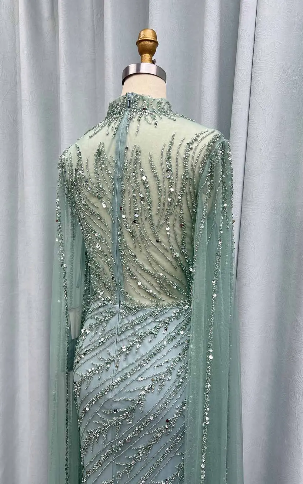 YQLNNE Luxury Saudi Arabia Crystals Evening Dresses With Cape Sage Green High Collar Beaded Long Mermaid Weddding Party Gown