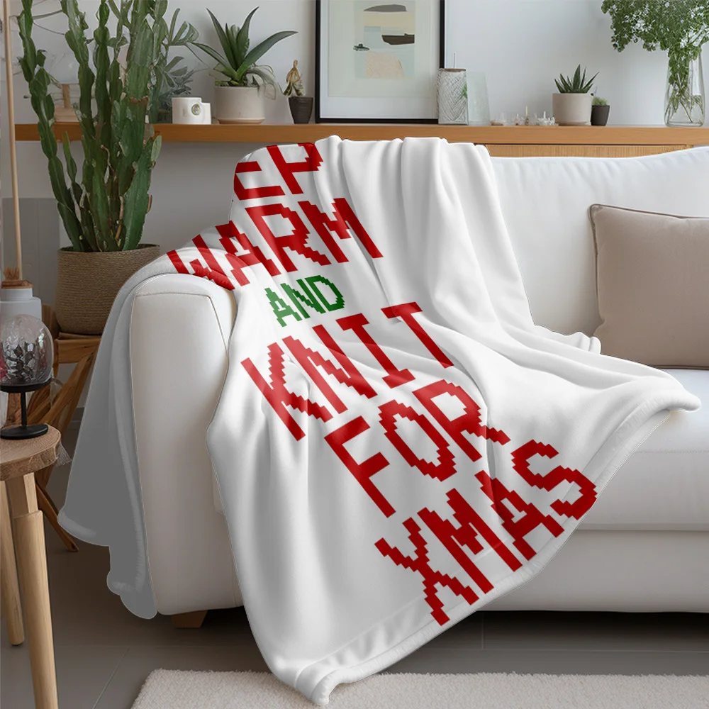 Keep Warm and Knit for Xmas Fleece Blanket, Red Green Text with Snowflake Pattern, Cozy Literary Christmas Throw for Book Lovers