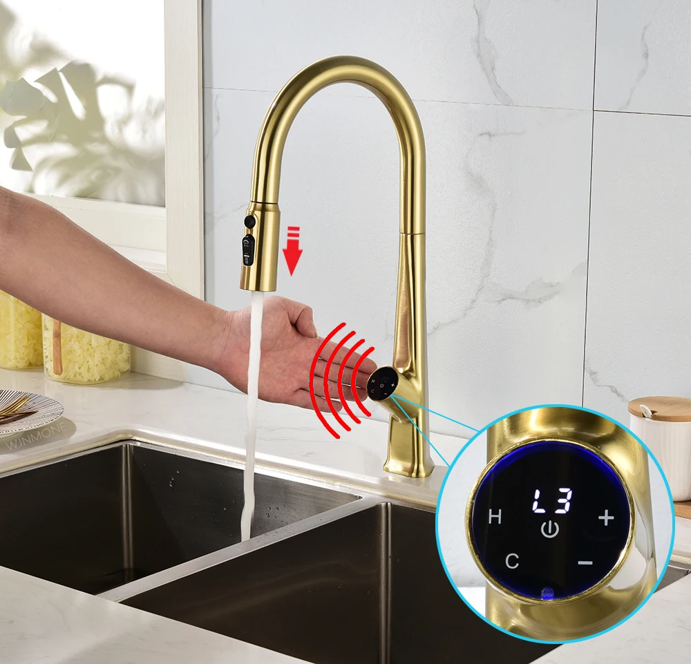 

Modern Luxury Sensor Kitchen Sink Faucet Hot Cold Mixer Water Taps Pull Out Temperature Display Induction Touch Kitchen Faucets