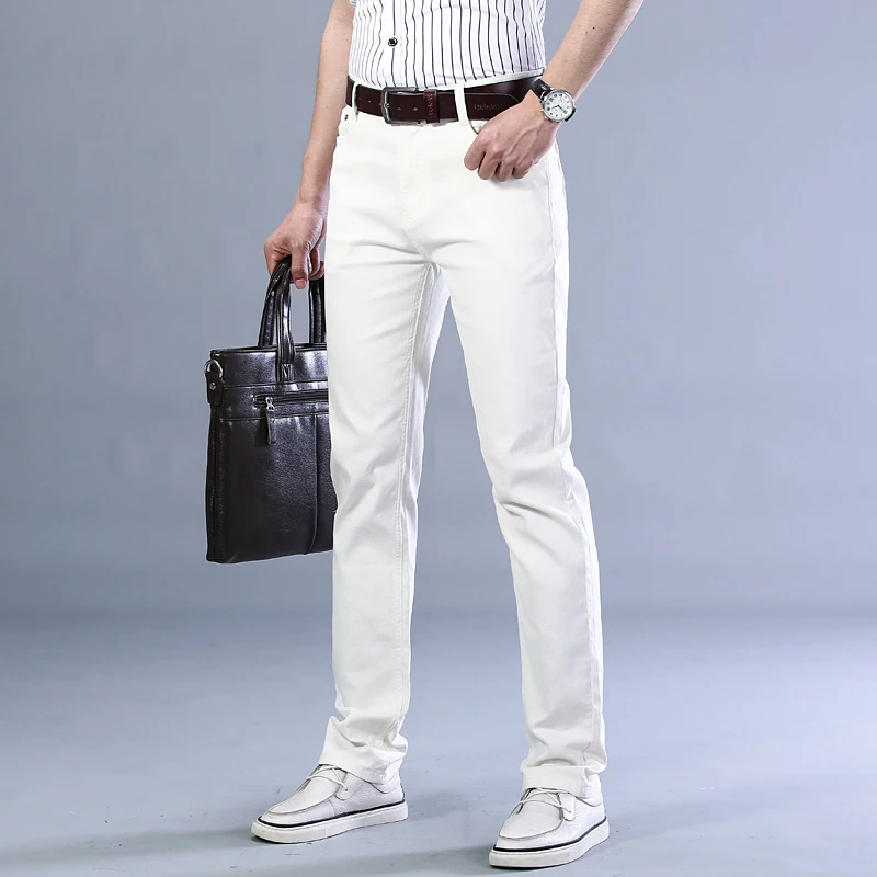 Classic Style Men's Black Jeans Fashion Casual Business Straight Stretch Denim Trousers Male Brand Pants White Khaki