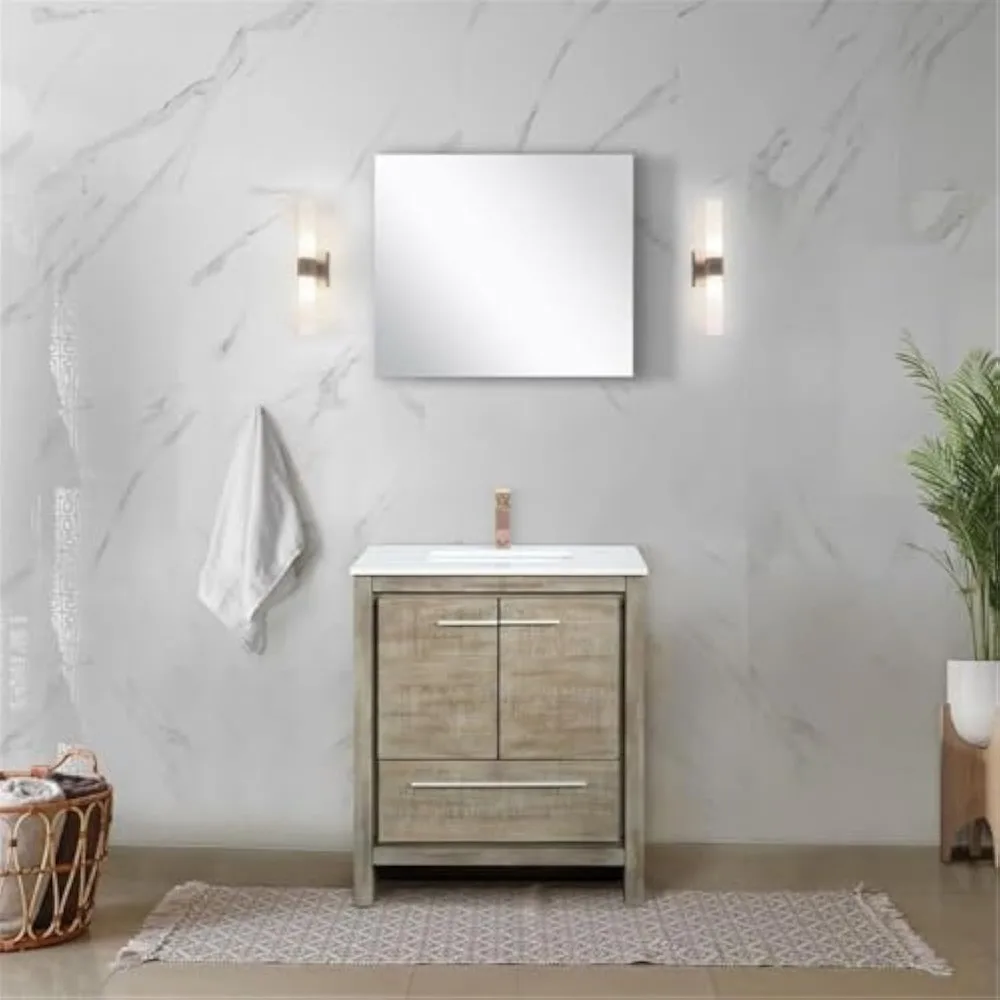 Lafarre 24 in W x 20 in D Rustic Acacia Bath Vanity, White Quartz Top, Gun Metal Faucet Set and 18 in Mirror