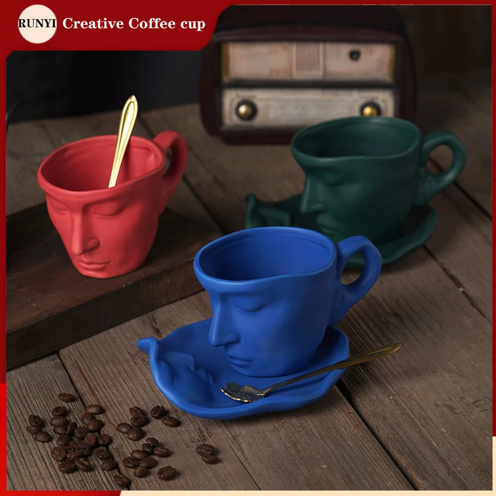 

Creative Coffee Cup Retro Face Shape Porcelain Cup Couple Mug Ceramics Office Cups With Tray Wedding Gift Coffee Cup