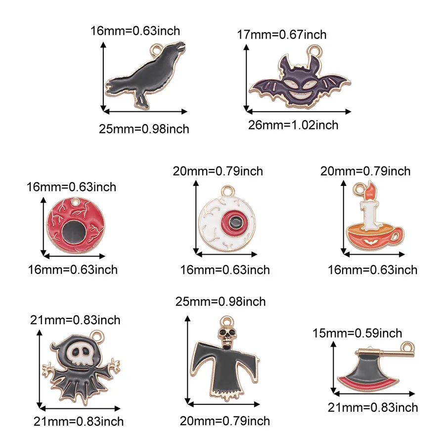 8PCS Enamel Halloween Charms Mix Metal Alloy Death Demon Raven Eye Ax Candle Pendant For Bracelet Findings Jewelry Accessory