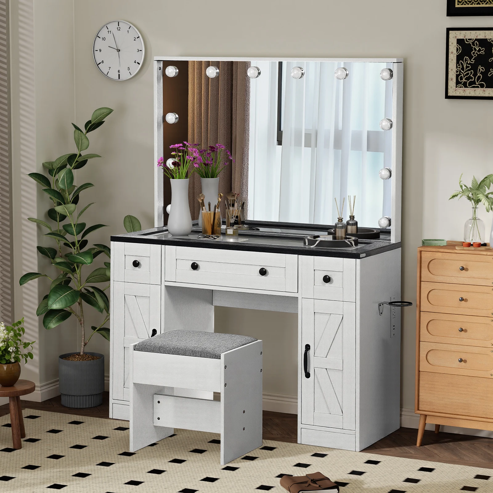 Farmhouse Vanity Desk w/ Lighted Mirror Hollywood Makeup Desk w/ 3 Drawers & 2 Cabinets 43