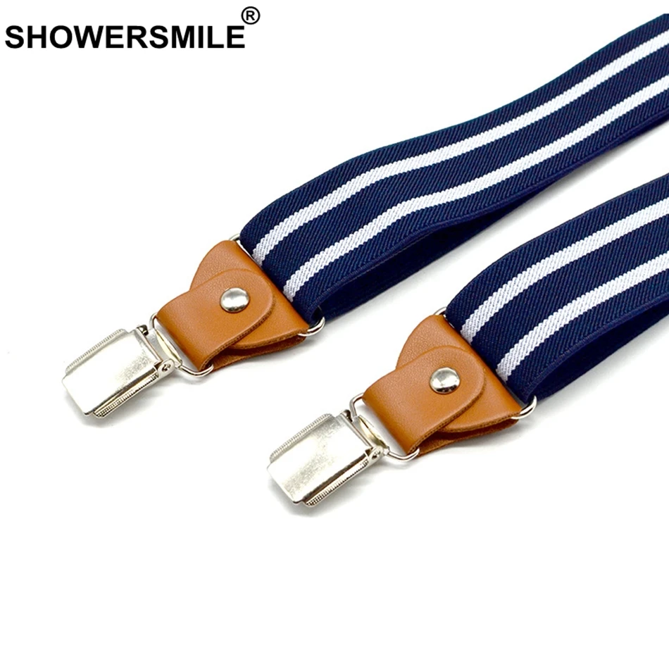 SHOWERSMILE Men Suspenders Belt Navy Unisex Women Suspender Adult Stripe Braces Leather Adjustable 3 Clips Male Pants Straps Man