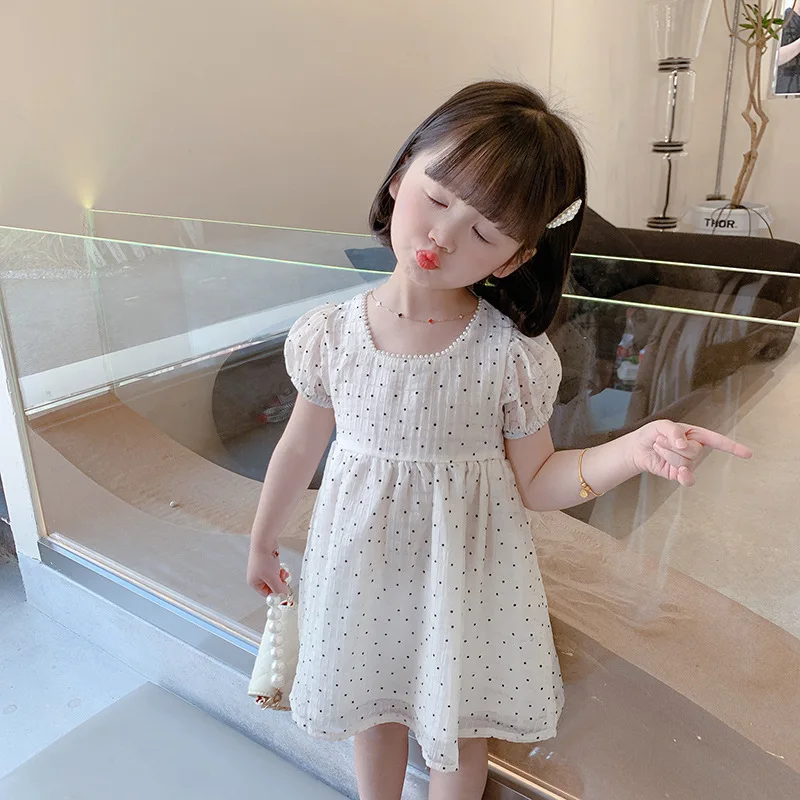 Girls Dress Han Tie Wave Point Bubble Sleeve 2022 New Summer Dress Foreign Style Korean Princess Baby Skirt