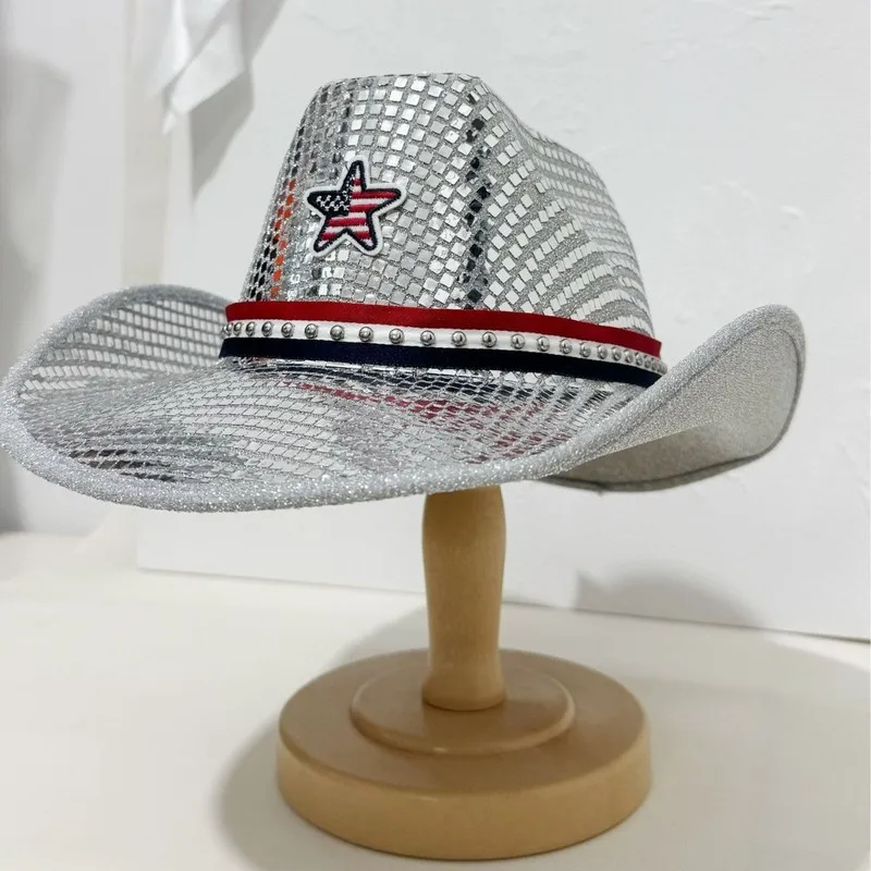American Independence Day sequin cowboy , five-pointed star flag embroidery, western-style hat, party and performance sun