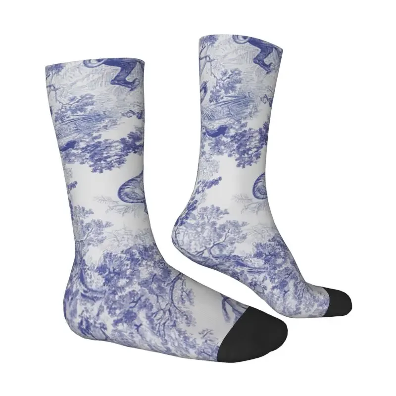 Classic French Toile De Jouy Motif Pattern Men's Crew Socks Unisex Funny 3D Printing Animal Floral Navy Blue Art Dress Socks