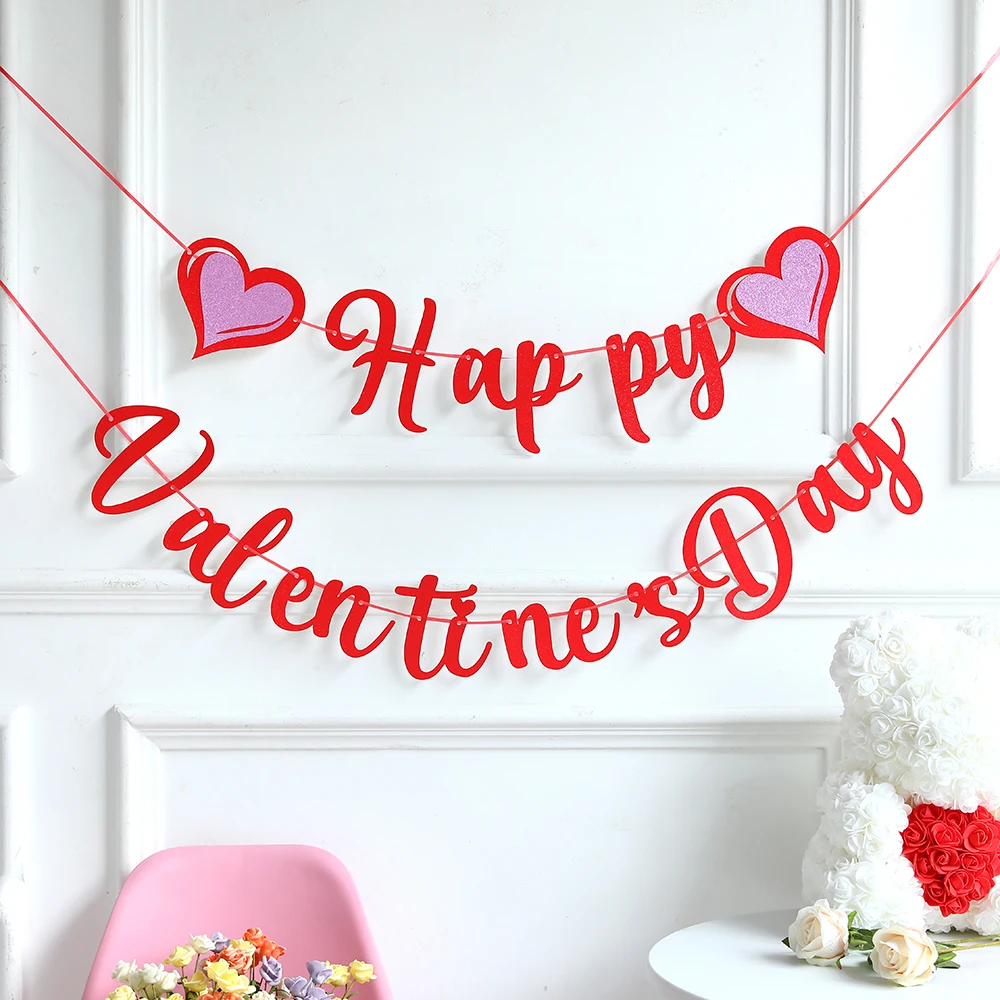 1pc Red Pink Heart Hanging Banner Romantic I Love You String Garland Happy Valentines Day Party Supplies Proposal Wedding Decors