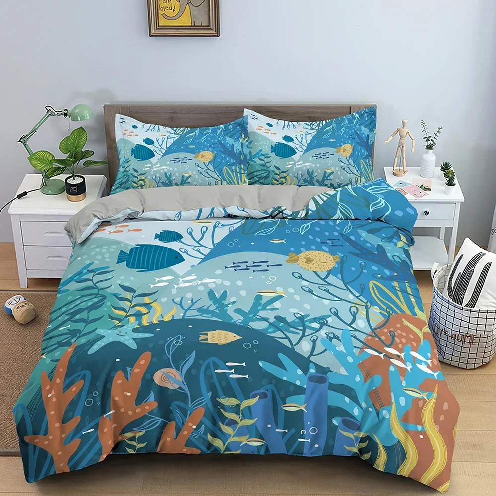 Cartoon Pattern Bedding Set Sea Animals Duvet Cover Set Underwater World Quilt Cover With Pillowcase Home Textile For Kids