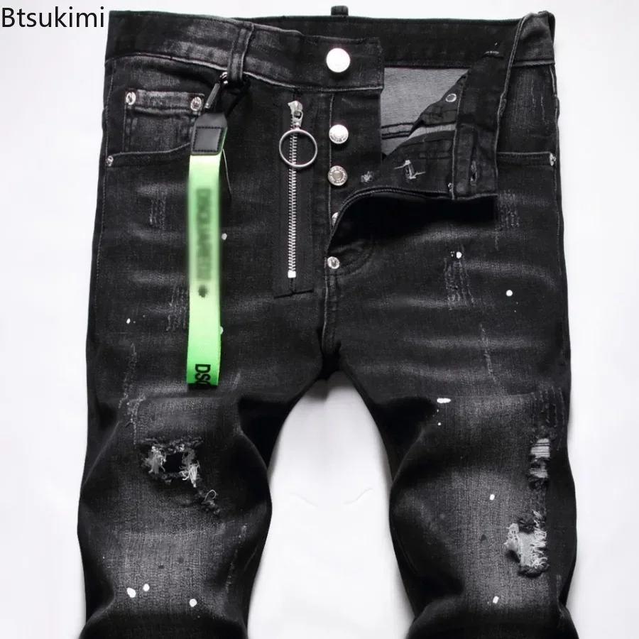 New Men's Jeans Vintage Stretch Slin Straight Denim Pants Street Style Holes Hip Hop Pants Personalized Male Jeans High Quality