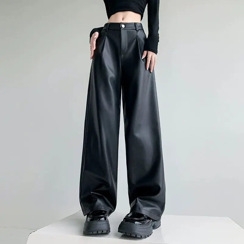 

High Waist Simple Casual Wide Leg Leather Pants Sheepskin Real Leather Anti-Season Style Slimming High Waist Trousers