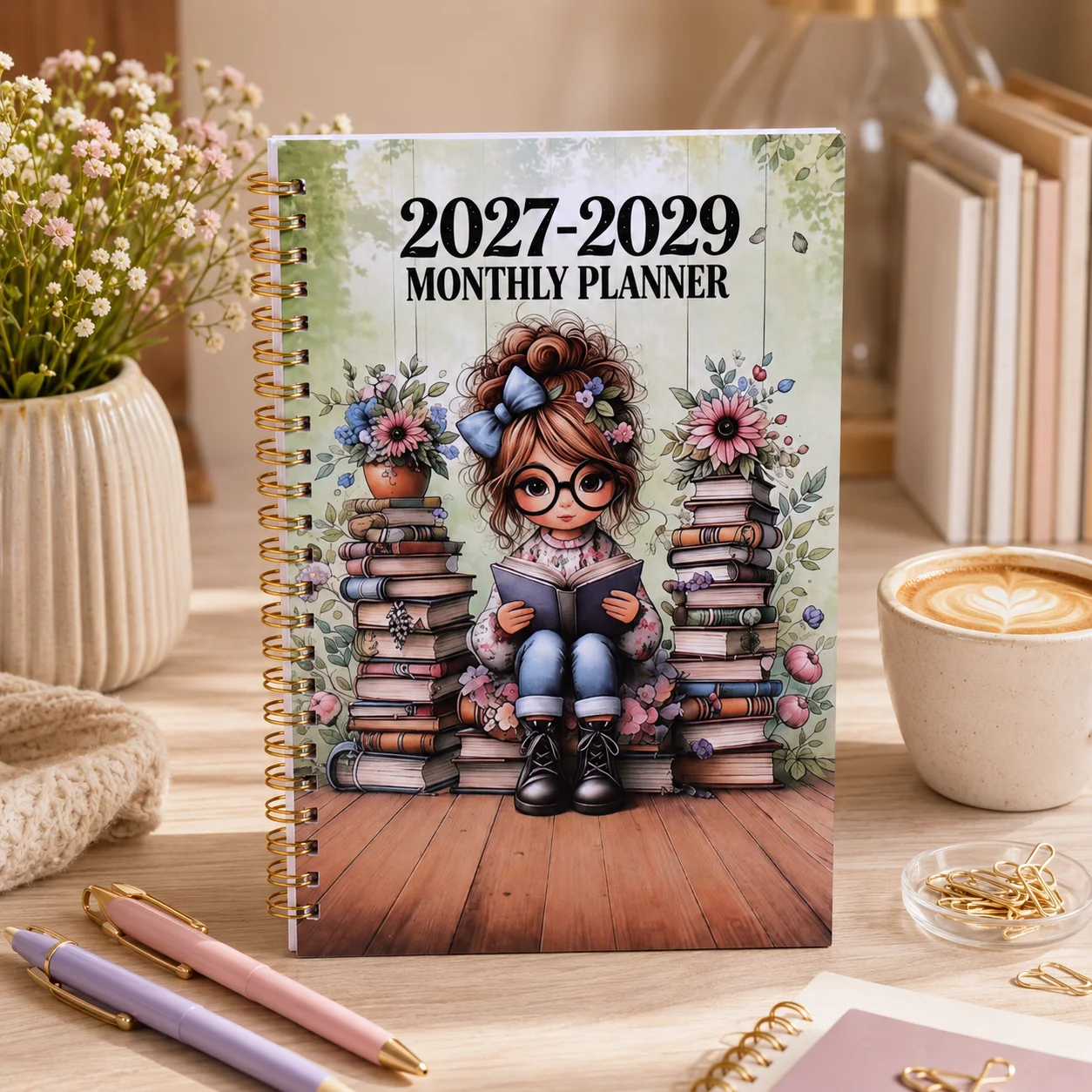 Vintage Floral Book Girl Monthly Planner 2027-2029 Gold Spiral Notebook Portable Monthly Calendar Organizer For Holiday Gift