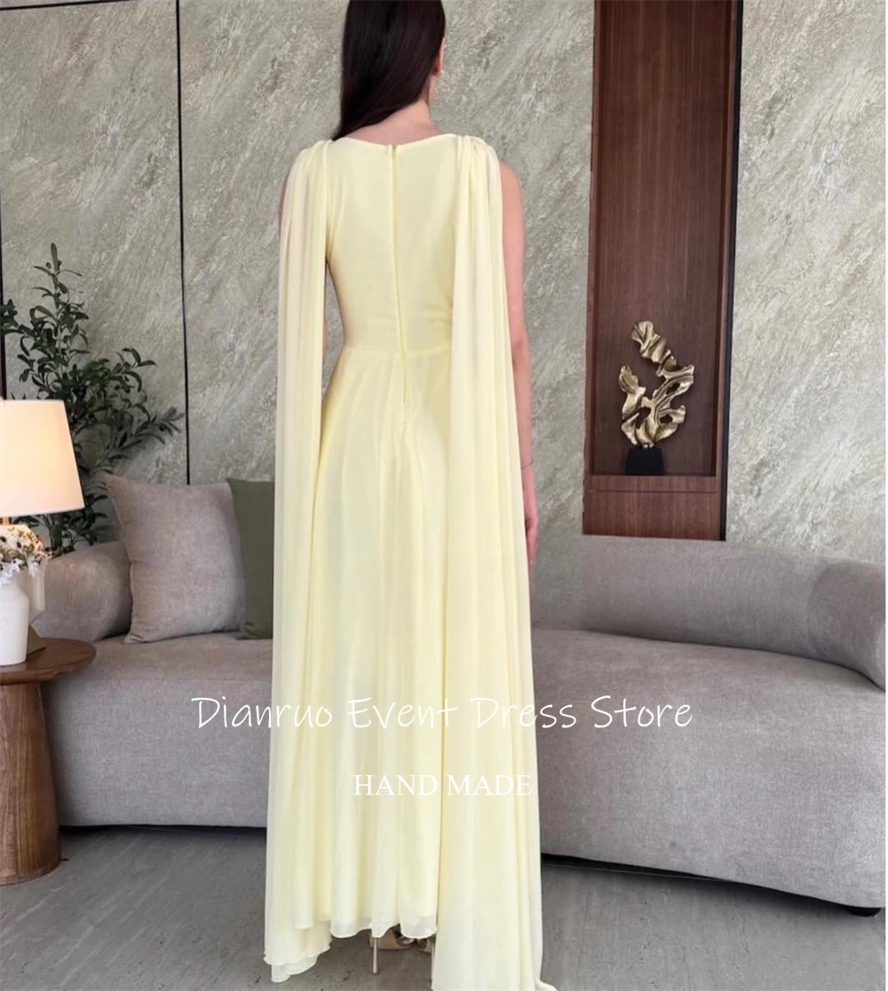디안루오 라운드넥 사우디아라비아 이브닝 드레스 주름 장식 민소매 파티 가운 A라인 옐로우 쉬폰 드레스 여성 맞춤 제작