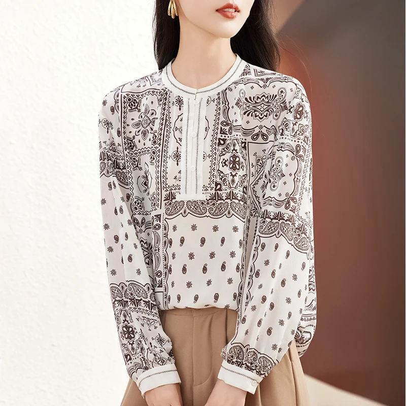 

New Elegant Shirts and Blouses for Women Long Sleeve 100% Real Silk Woman Blouse Loose Tops Office Lady Vintage Print Shirt