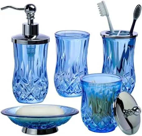 Juego de Baño de 5 Piezas en Vidrio Azul – Dispensador de Jabón Moderno, Portacepillos de Dientes, Jabonera y Vaso – Elegante Decoración para Baño, Ideal para Regalo