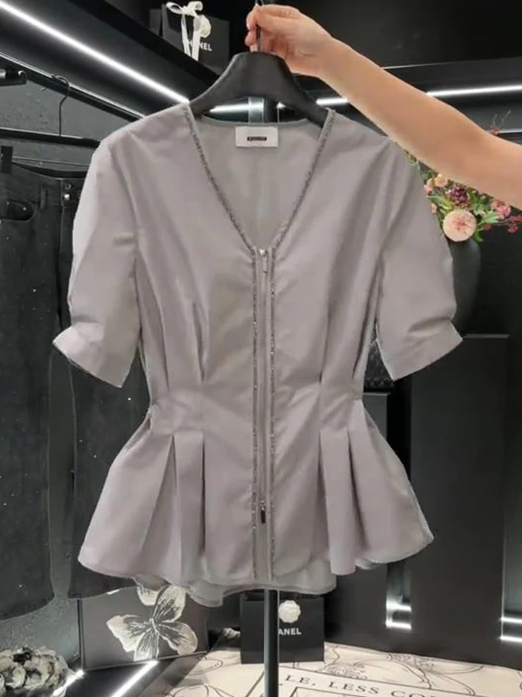 

French Design Chic Blouses V Neck Puff Sleeve Solid Color Pleated Single Breasted Shirts Summer Female Slim Women Clothing