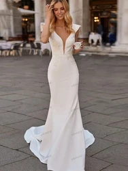 Eleganckie suknie ślubne seksowne suknie ślubne głęboki dekolt w serek Backless bez rękawów płaszcza syrenka satynowa suknia Vestidos De Novia dostosowane