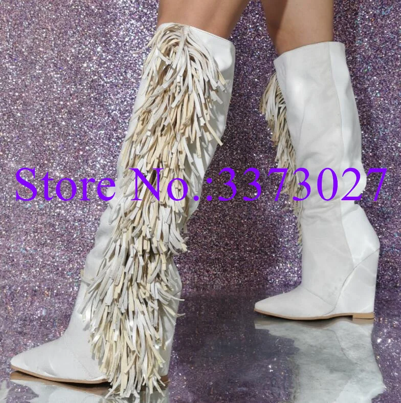 Wedges Heel Woman Long Boots Suede Lather Patch Work Boot Side Fringe Pendant Tassel Decor Autumn Winter Fashion Female Shoes