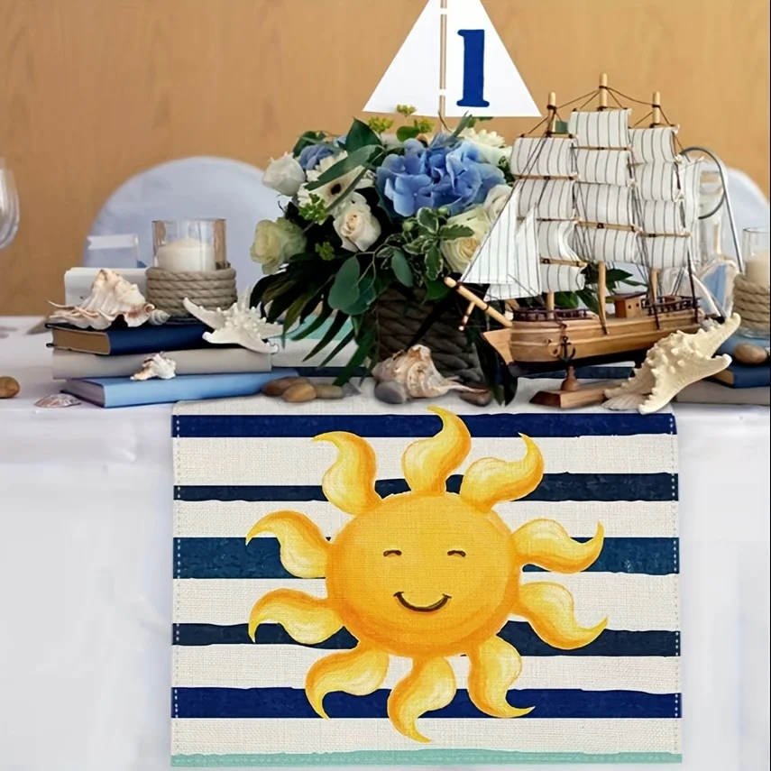 1 Piece Watercolor Striped and Smiling Sun Design Table Runner, Suitable for Farmhouse, Indoor, Kitchen, Celebrations, Table Decoration, Restaurant, and Banquet Decoration Supplies