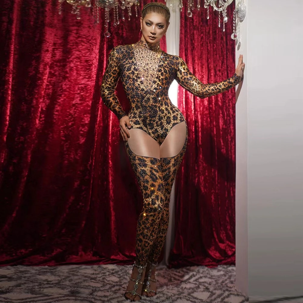 

Sexy Leopard Print Rhinestones Jumpsuit Women Performance Costume Party Nightclub Outfit Dancer Show Stage Wear