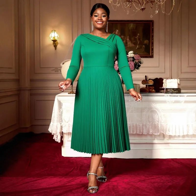 

L-4XL Dashiki African Dresses for Women Green Elegant Autumn Long Sleeve V-neck Polyester Party Evening Bodycon Pleated Dresses