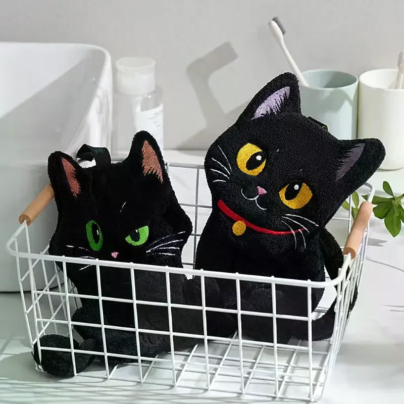 Cartoon Black Cat Shaped Hand Towel Absorbent Hanging Cloth for Kids Bathroom Kitchen Cleaning