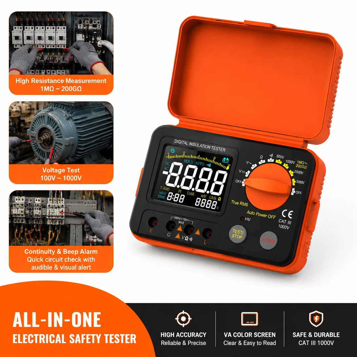 Digital Insulation Resistance Tester Megohmmeter Auto Range 100GΩ 5000V VA Color Display for Motor Cable Transformer Test
