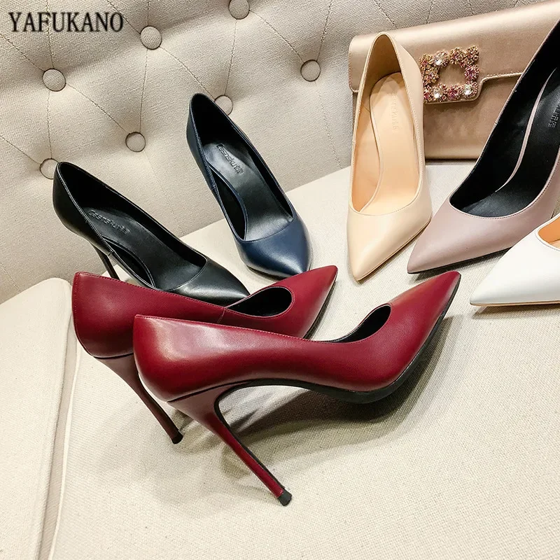 10CM Matte Genuine Leather High Heels Sexy Women Pumps Pointed Toe Thin Heels Wedding Party Shoes Nude Wine Red Plus Size 33-42