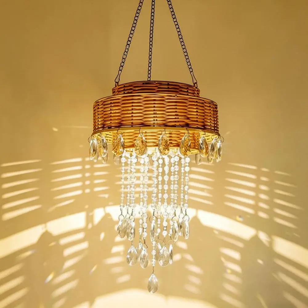 Outdoor Decorative Solar Hanging Lamp Woven Rattan Style Crystal Accent LED Lighting For Garden Yard Pathways