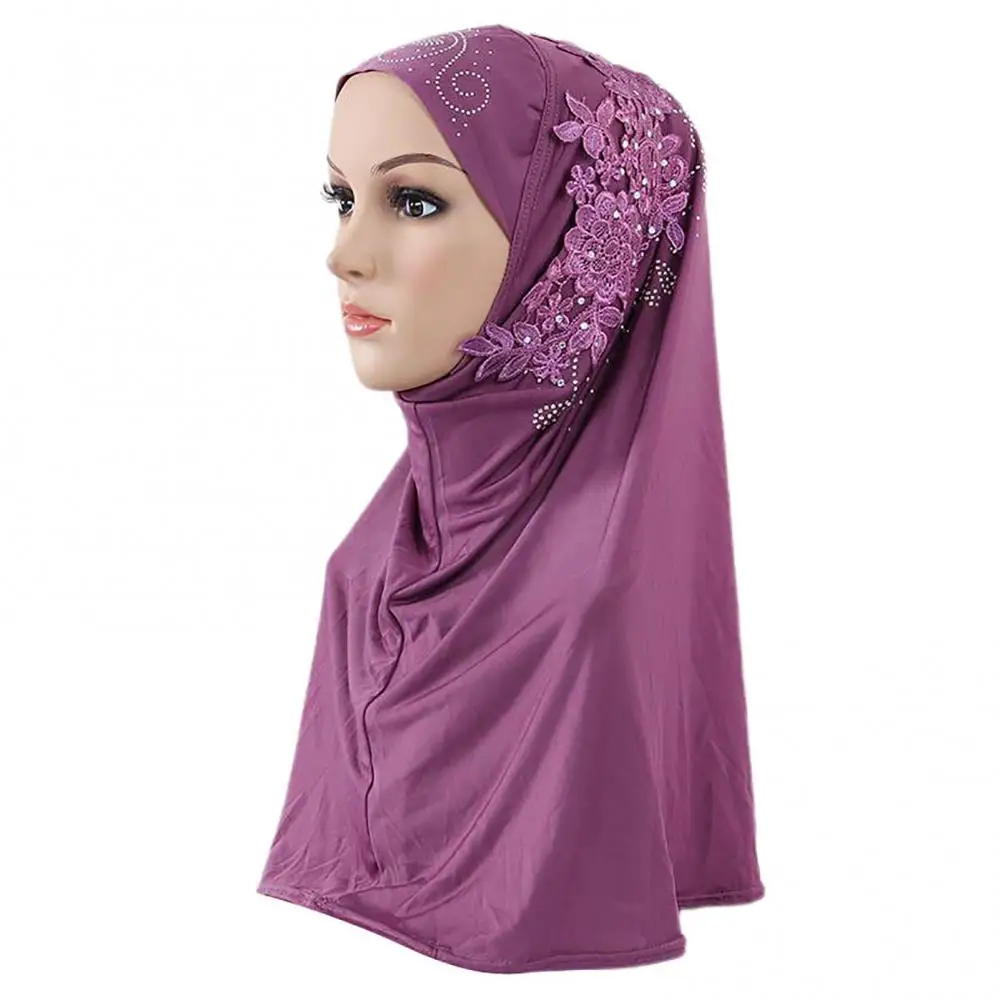 Scarf Cap Solid Color Women Lace Rhinestone Muslim Hijab Wrap Islamic Head Cover