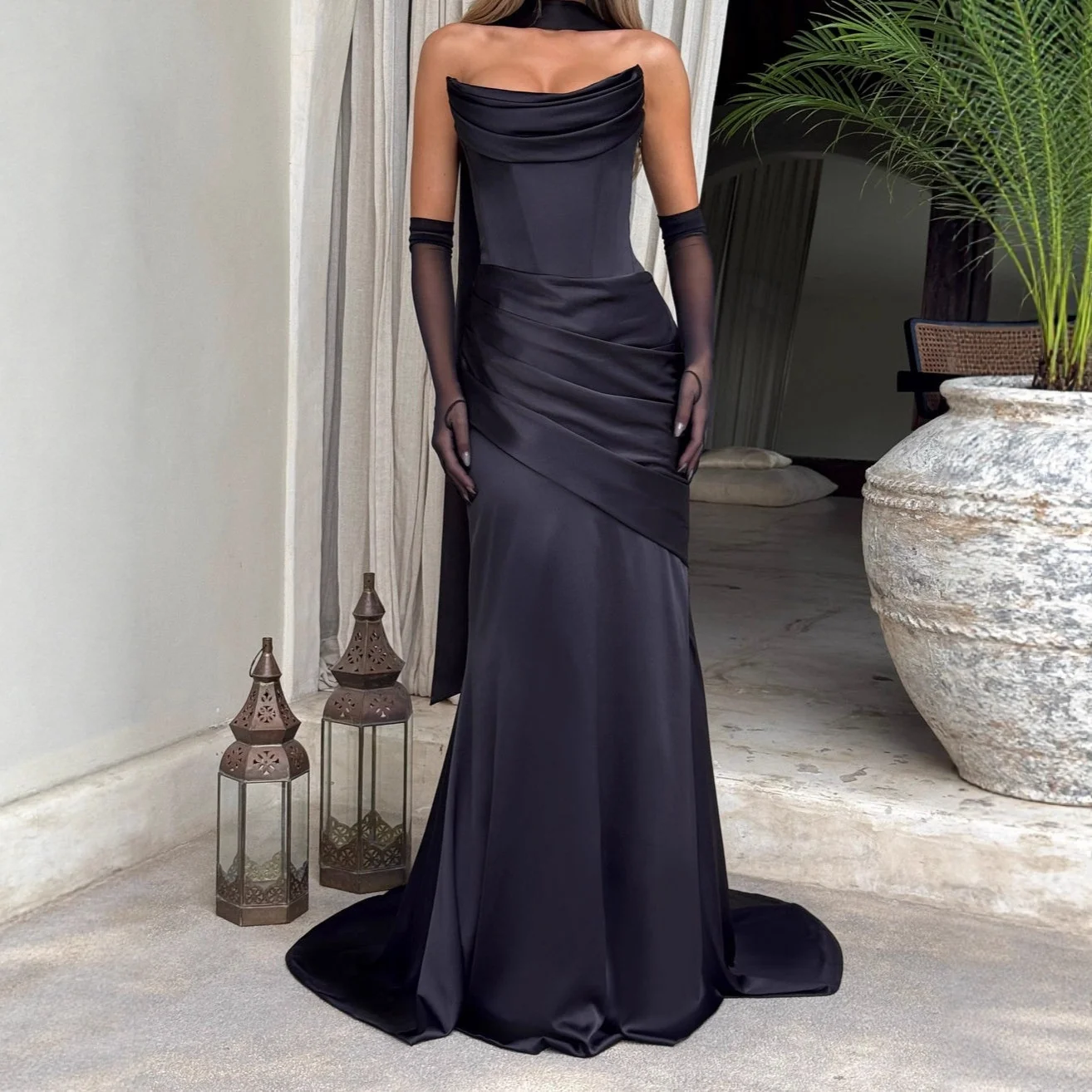 Summer New Arrival Pure Color Satin Folded Bustle Slim Fit Strapl Dr Evening Par Ball Gown Floral Print Polyester Fabric