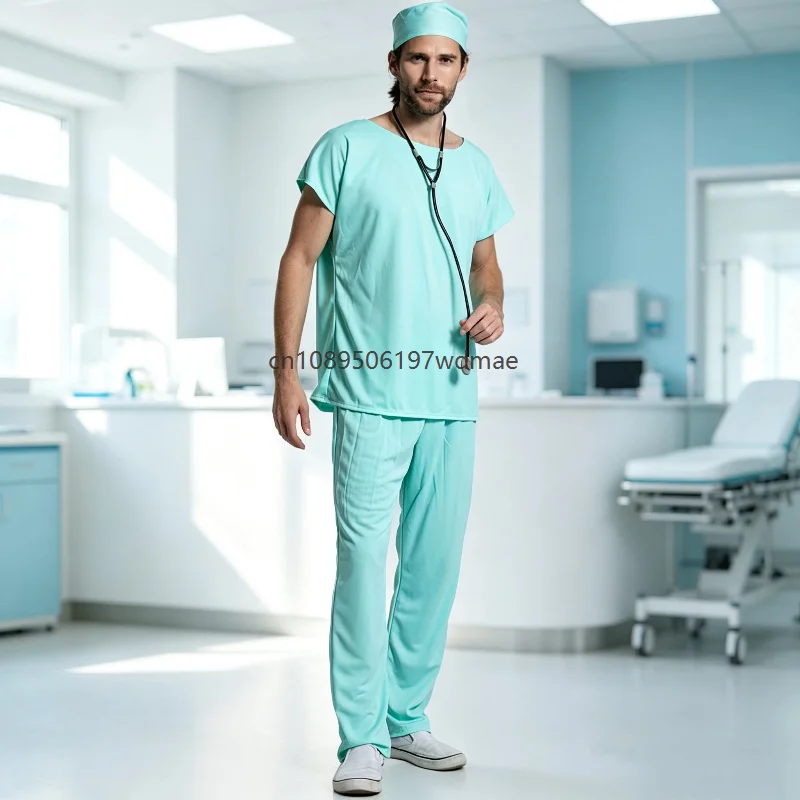 Adult Men Surgeon Doctor Scrub Costume Mint Green Short Sleeve Top Pants with Cap Masquerade Fancy Dress Medical Cosplay Outfit
