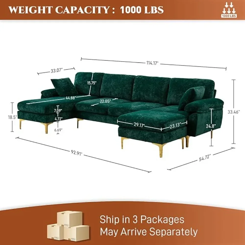 U-Shaped Sectional Sofa Couch, 4 Seat Sofa Set ,Convertible L-Shaped Velvet Couch Set with Chaise Lounge, Ottoman and Pillows image 2