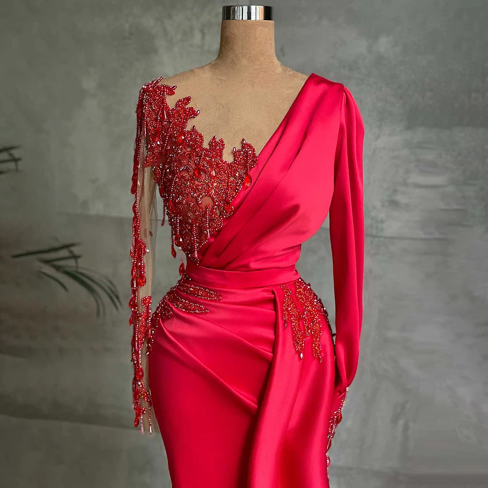 Red Long Prom Dresses Luxury Mermaid Beaded Crystals Full Sleeves Formal Evening Gowns Special Occasions Robe Soirée Customized