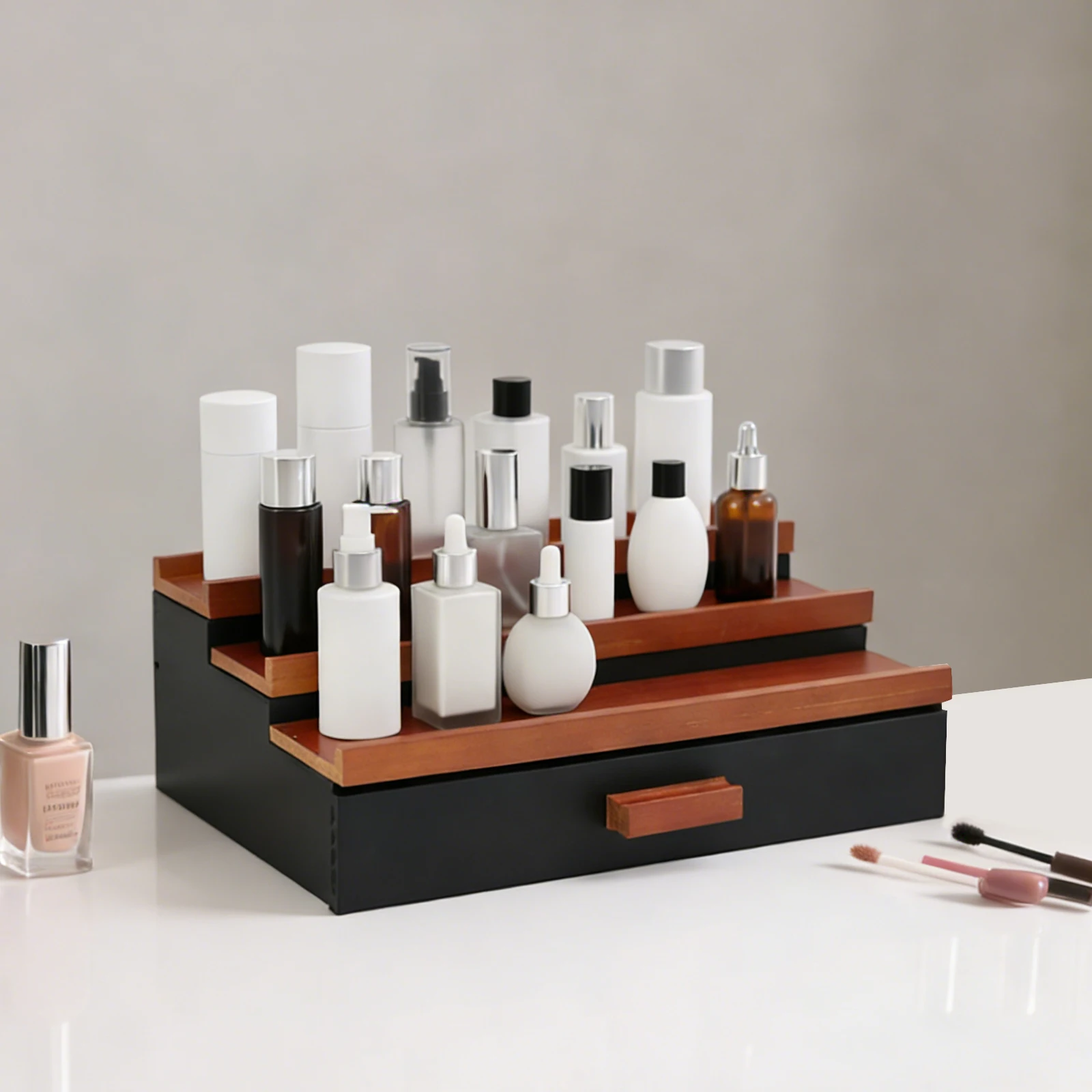 3 Tier Ladder Perfume Organizer, Wood Perfume Storage Rack with Drawer, Compact Display Stand for Cosmetics Perfume Bottles