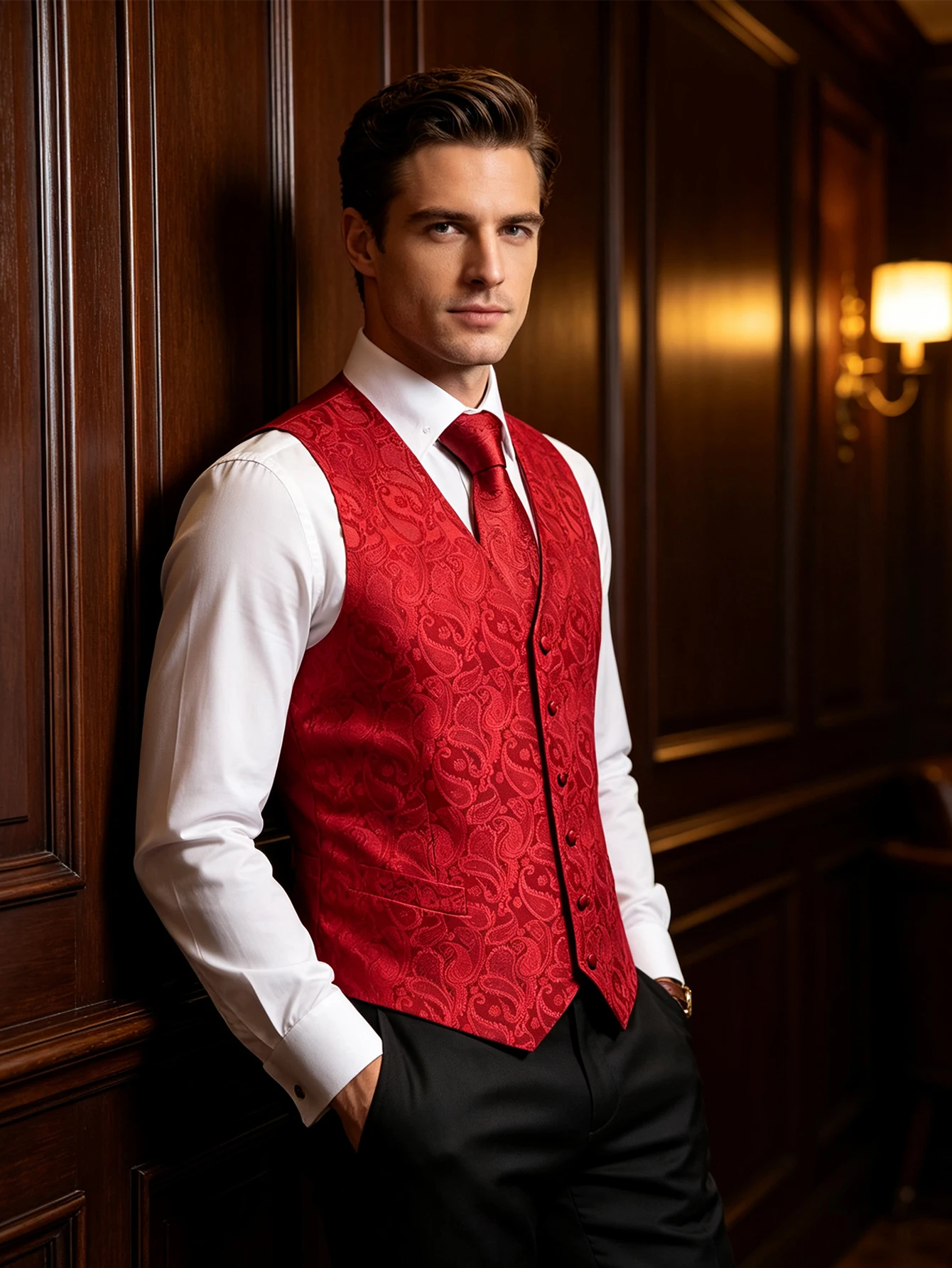 Mens Grooming Kit For Wedding - Leuchtend rotes Paisley-Accessoires-Set mit V-Ausschnitt-Weste, Fliege,