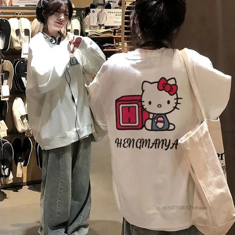 Sanrio hello kitty em torno do pescoço hoodie estudantes do sexo feminino outono novo solto design simples pulôver versão coreana versátil tendência topo