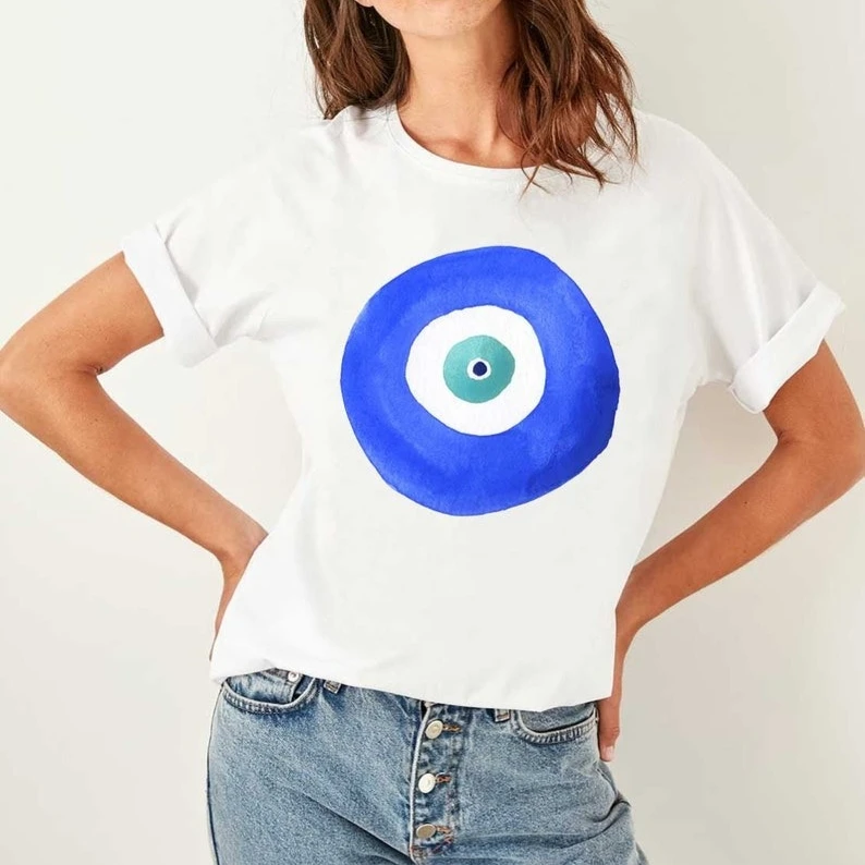 

Футболка Evil Eye Hamsa в подарок в стиле бохо, унисекс, женские, мужские, греческие, сувенирные, Санторини, греческие, турецкие, с хорошим вибрацией, только мистические хлопковые футболки