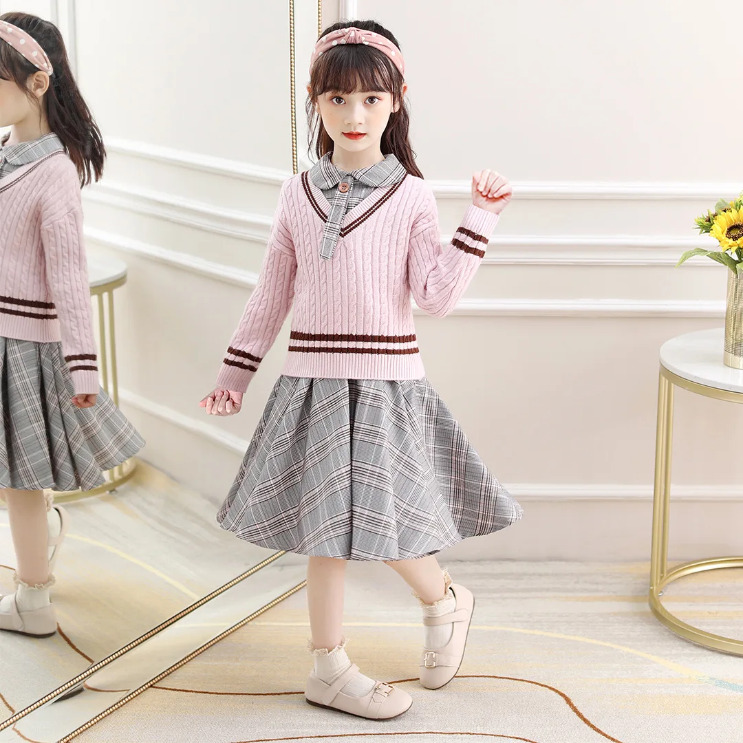 

Girls Autumn Winter Sweater Dresses Sets Kid Lovely Princess Skirt Children Party Evening Performance Vestido Two Piece Suit