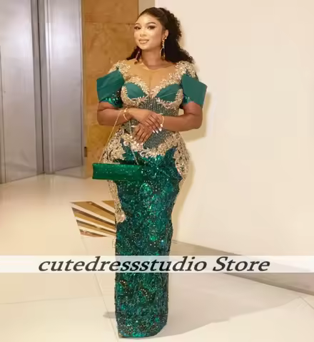 Luxurious Green Evening Dresses For African Women Exquisite Crystals Beaded Dinner Dress Long Mermaid Sequins Outfit Customized
