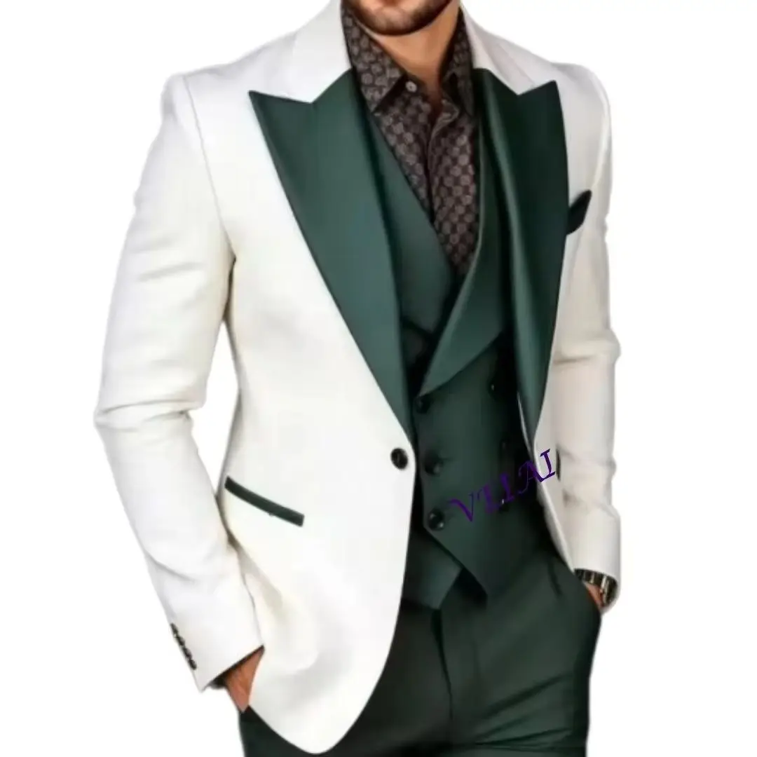 3 Piece Men's Tuxedo Set White Dark Green Formal Business Groomsmen Wedding Party Prom Male Suit with Blazer Vest