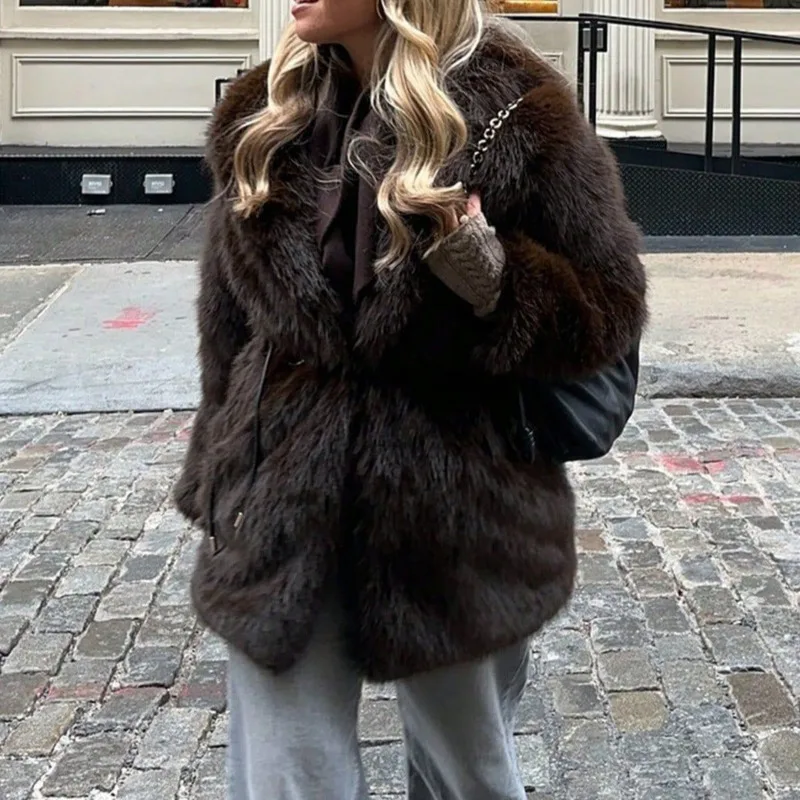 EAEOVNI خمر الشتاء الفراء سترة معطف المرأة موضة التلبيب حزام تجمع الخصر الملابس الدافئة الخريف الشتاء ملابس خارجية جديدة #3