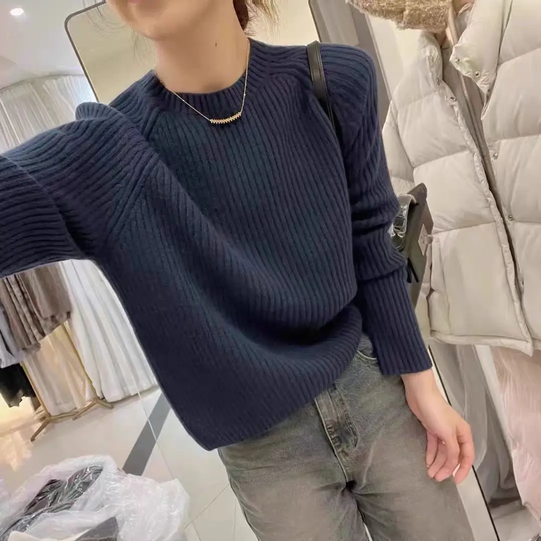 Damen-Pullover aus 100 % Merinowolle mit Rundhalsausschnitt, Herbst-Winter, dick, locker, lässig, modisch, gestrickt, Kaschmirpullover