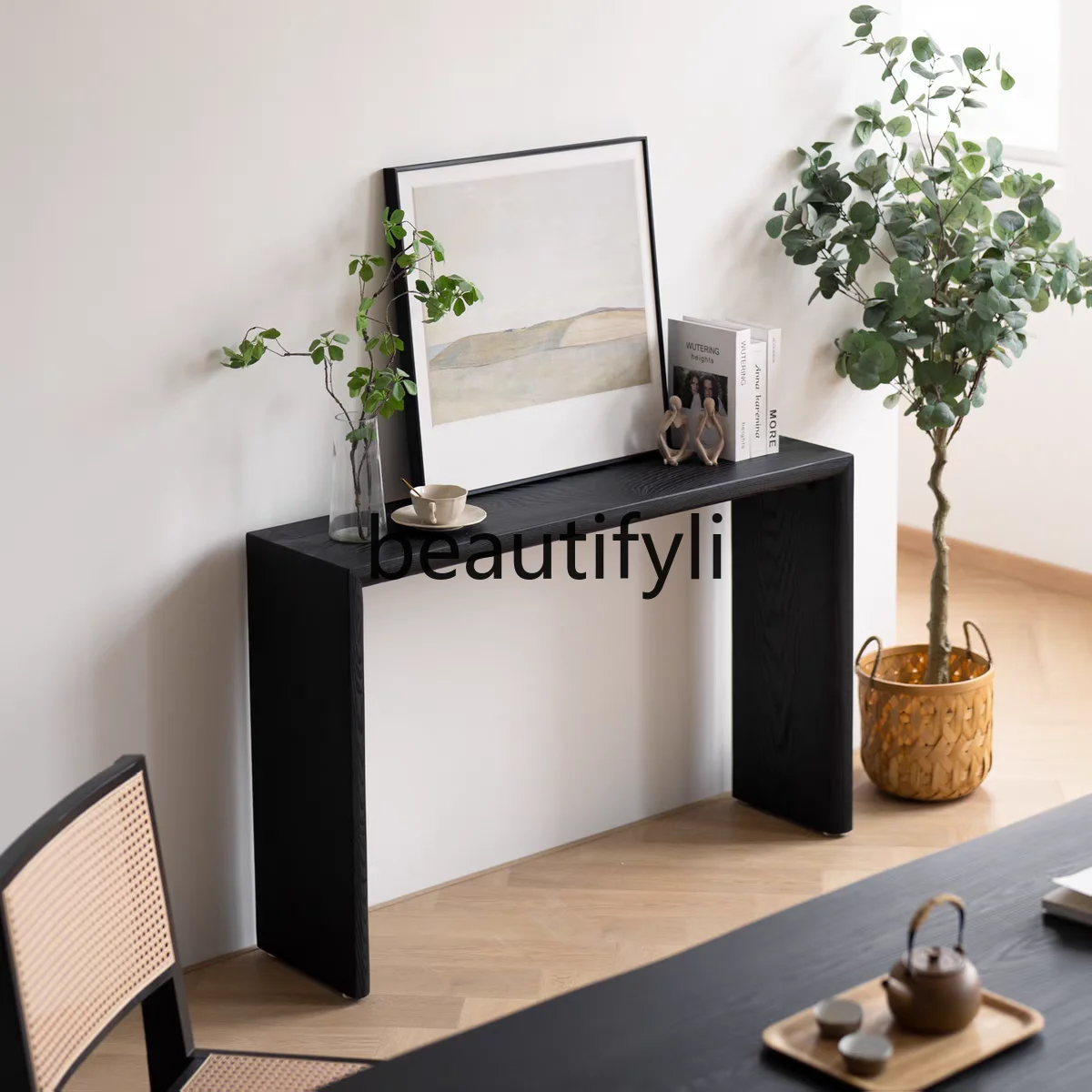 

Japanese Minimalist White Wax Wood Entryway Table Solid Wood Entryway Table Simple Long Table