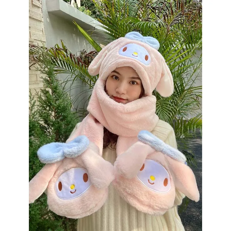 Sanrio Plush Hat Kuromi My Melody Cinnamoroll Kawaii Hat Scarf Gloves Trinity Sweet Girl Winter Warm Accessories Girlfriend Gift