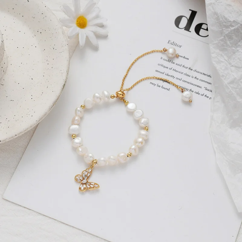 Elegant Baroque Freshwater Pearl Girlfriends' Bracelet Women's European and American Ins Style Chain Butterfly Retro Adjustable