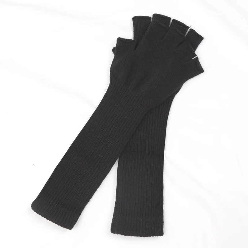 1 Pair Black Long Knitted Unisex Winter Fingerless Gloves Thermal Elbow Half Finger Mittens Men Women Arm Cover Warm Work Gloves